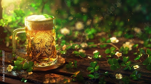Glass of beer on green shamrocks with bokeh lights St. Patrick's background