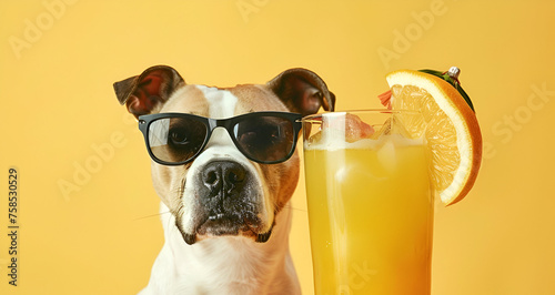 Funny dog in sunglasses with a cocktail on the yellow background. The concept of a summer vacation on the seashore. Recreation with animals. Close-up, template with space for text. © Olga