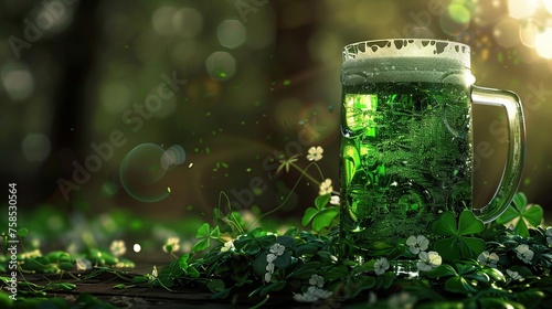 St. Patrick's day Green beer with clover leaves on bokeh background.