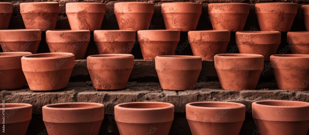 A stack of earthenware bowls arranged on a shelf, showcasing the creativity of pottery craftsmanship. Each cylindershaped pot holds ingredients for a delicious cuisine A stack of earthenware bowls arranged on a shelf, showcasing the creativity of pottery craftsmanship. Each cylindershaped pot holds ingredients for a delicious cuisine