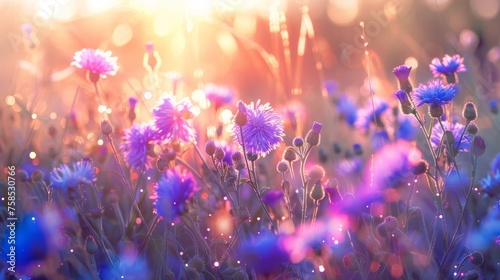 Sunrise Glow Over Lavender and Blue Aster Field. Generative AI. 