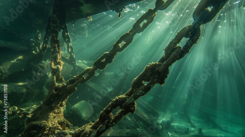 Sunlight filtering through the crystal clear water illuminating a network of submerged metal anchors and their intricate mechanisms.
