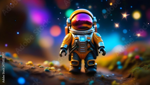 A digital illustration of a person in a space suit floating in space with colorful galaxies and stars 