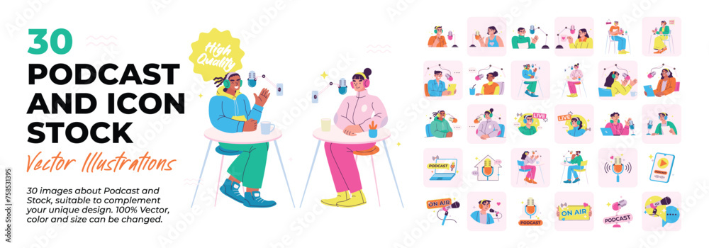 Bundle Collection of podcast, stock icon, interview, recording, podcast interaction concept illustrations. Set of illustration people recording and listening audio podcast. Vector flat illustration.