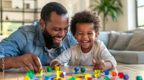 A parent and child are playing a board game together totally focused on the game and having a great time. Its like theyre in their own little world laughing and strategizing