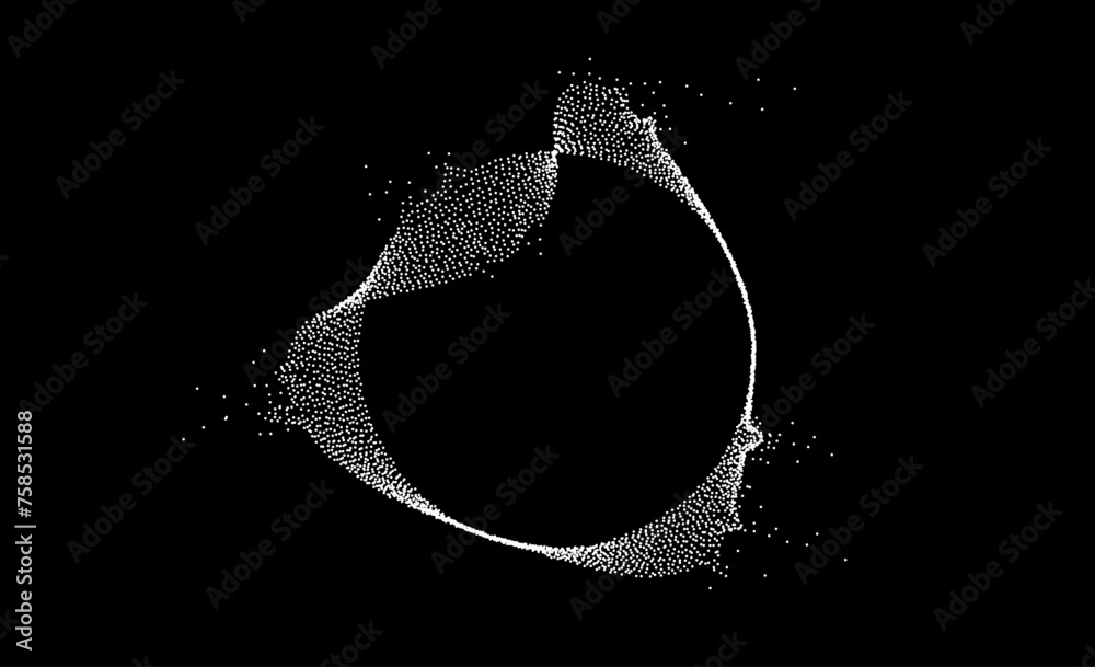 White dotted circular dissolving lines. Stipple disintegrating curved wavy circle in black background. Halftone grain textured sphere. Radial grunge noise particles or speckles. Vector dot work shape