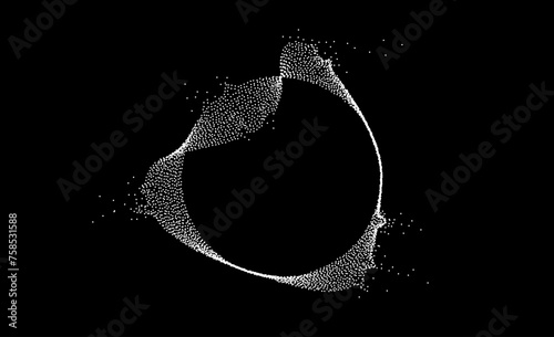 White dotted circular dissolving lines. Stipple disintegrating curved wavy circle in black background. Halftone grain textured sphere. Radial grunge noise particles or speckles. Vector dot work shape