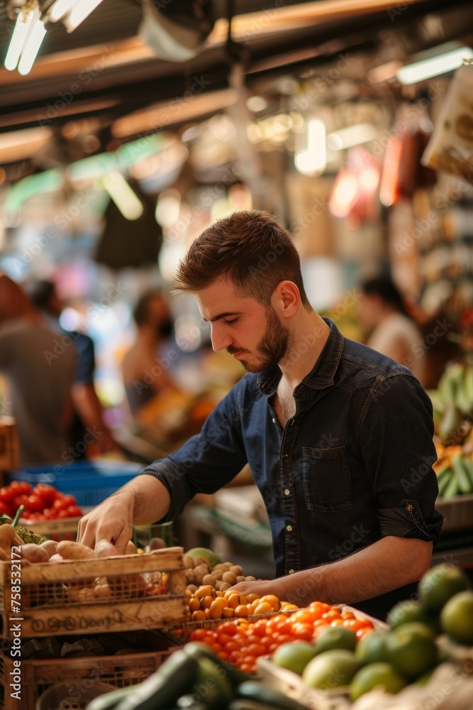 Business traveler exploring a local market, immersing in the vibrant culture and sampling artisanal products, Generative AI