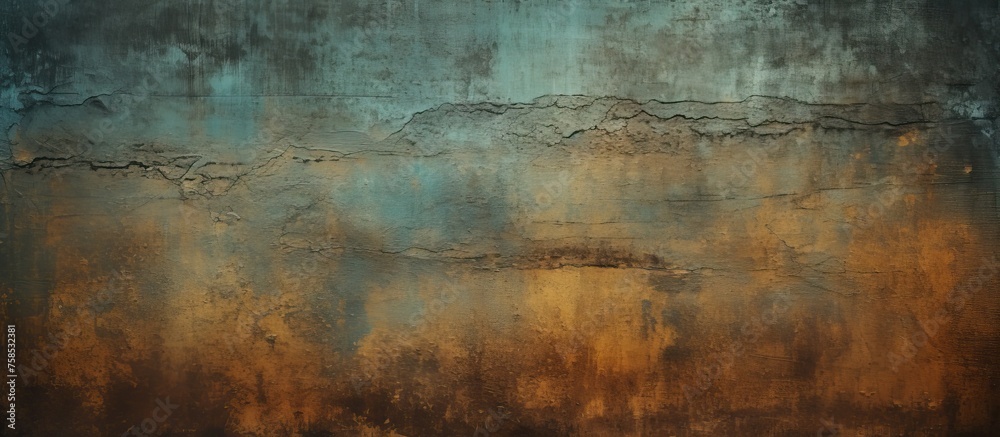 A close up of a weathered brown metal wall with a blurred natural landscape background featuring wood, grass, and the sky on the horizon