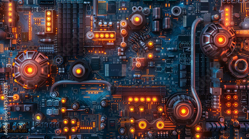 electronic circuit board, A digital artwork depicting a closeup of a secure server motherboard with a padlock, representing the idea of a fortified and protected digital environment photography