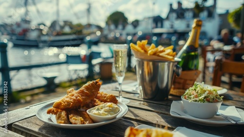 A quaint seaside cafe with outdoor seating overlooking a bustling harbor. Plates of grilled fish and chips are being served with a side of homemade coleslaw and tartar sauce.