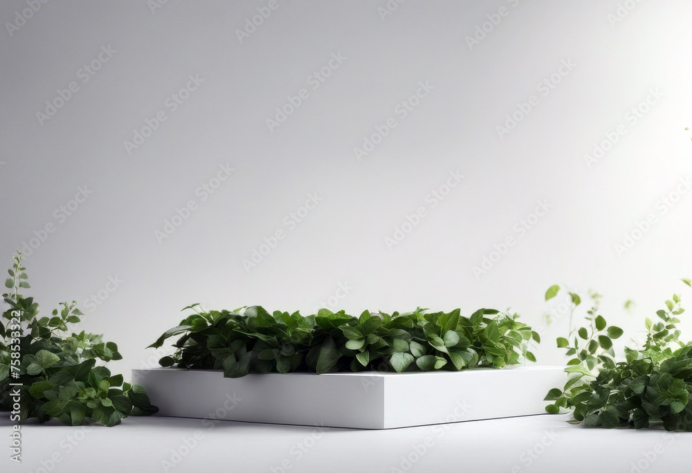 Fototapeta premium Product space leaves podium splay empty white background podium nature copy poduim plant interior pot home wall flower room house decoration tree nature indoor design decor garden window potted