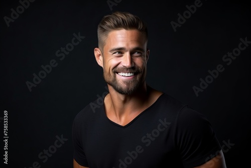 Portrait of a handsome young man in black t-shirt on dark background
