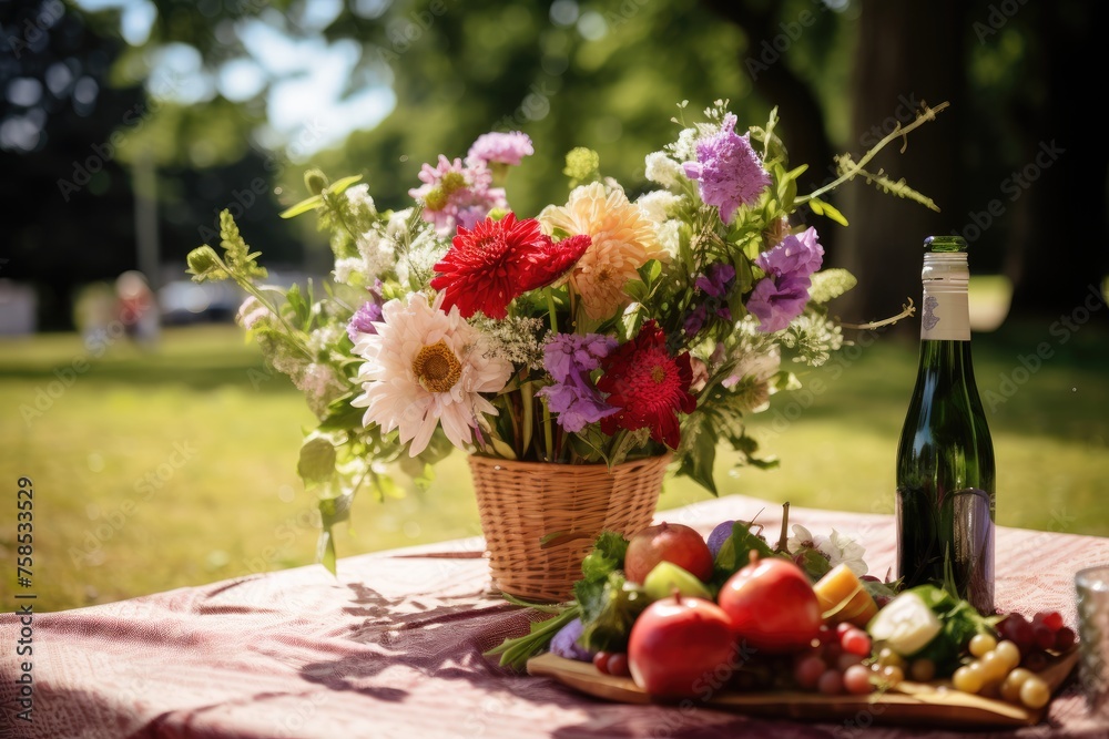A bouquet being presented in a picnic setting. A bouquet being presented in a picnic setting.