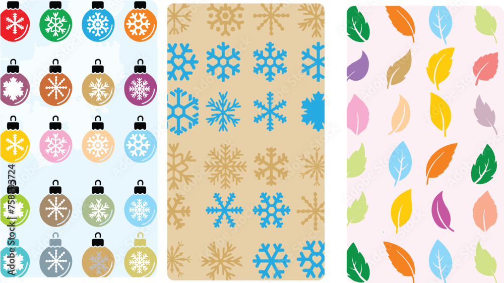 Set of three Smart phone wallpaper, screen saver, desktop, chat, game, navigator, theme. Snowflake, Christmas ball Background for poster, banner or flyer. High resolution fabric print designs. 