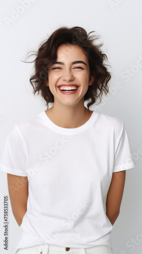 Portrait of cheerful young millennial woman model smiling sweetly with healthy dental care teeth isolated on white background