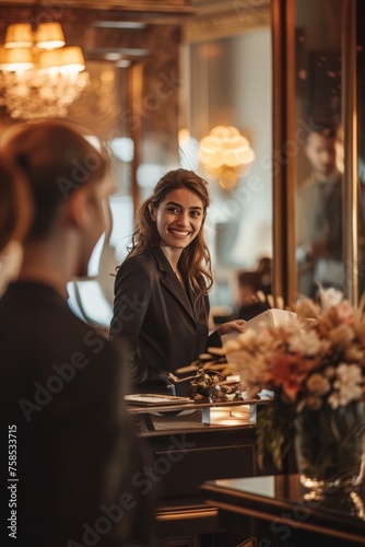 Businesswoman checking in at a hotel reception desk, greeted with a warm welcome by the hotel staff, Generative AI © Shooting Star Std