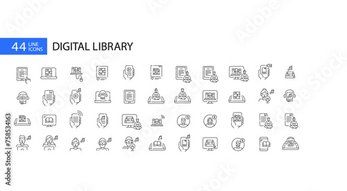 Digital library icons set. Online book reading, smartphone apps and audio books collections. Pixel perfect, editable