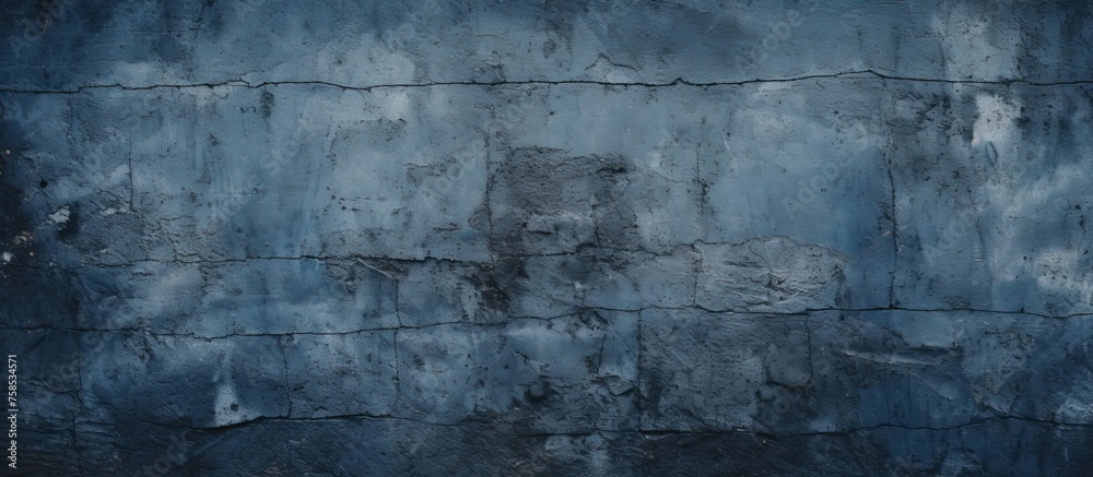 A close up of a rectangular dark blue brick wall, resembling a patterned rock in electric blue color, creating a visual arts display in the darkness
