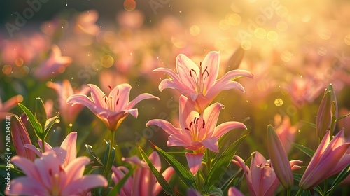 Sunrise Serenade in Pink Easter Lily Field. Generative AI. 