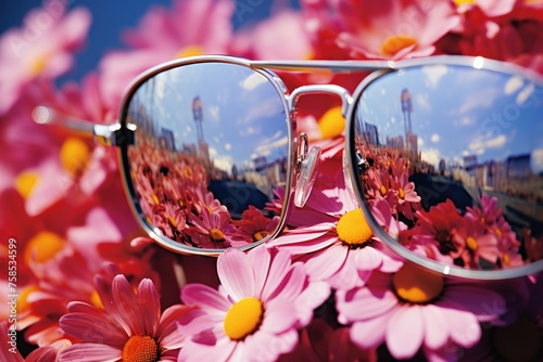 Close-up of a flower being reflected in sunglasses.