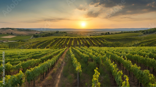 panoramic view of a summer vineyard at sunset green .Generative AI