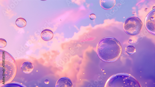 An array of bubbles floats ethereally against a soft pink and purple twilight sky. Background, backdrop, neon light, sunset.