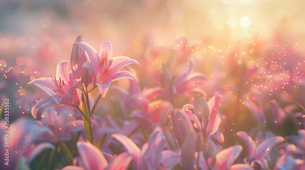Sunrise Serenade in Pink Easter Lily Field. Generative AI.
