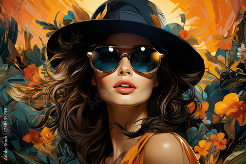 Portrait of woman wearing sunglasses with hat vintage fashion style at tropical beach at summer  pop art illustration 