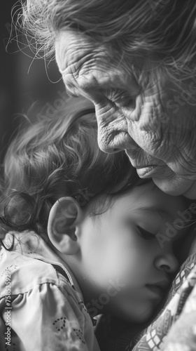 An elderly woman cradles a small child tenderly in her arms. Generations concept, grandmother's love for grandchildren. Black and white photo.