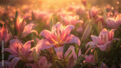 Sunrise Serenade in Pink Easter Lily Field. Generative AI.
