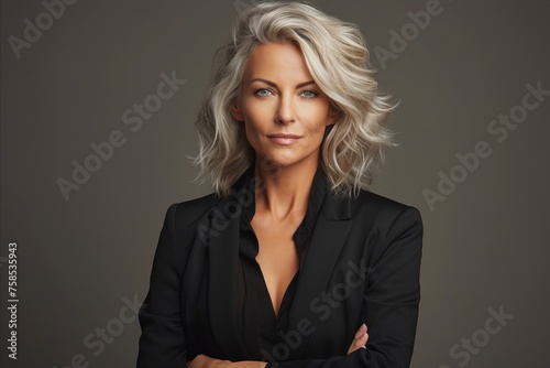 Portrait of a beautiful blond businesswoman in a black suit.