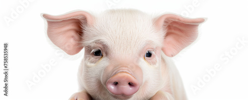 A high-definition image of a friendly pig with a pink snout, engaging directly with the viewer, set on an immaculate white backdrop to emphasize the animal's playful character 