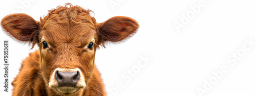  A curious calf with big, expressive eyes, peeking into the camera, ears perked up, against a pure white backdrop. Close-up of a young brown cow's face, capturing the gentle nature of farm animals.