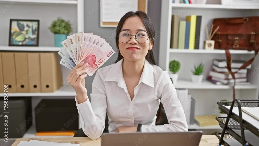 Cheerful young chinese woman all smiles, holding yuan banknotes, her number one idea pointed out with a confident finger in the office, posing a smart question.
