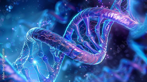 Detailed depiction of a DNA double helix structure with luminous connections.