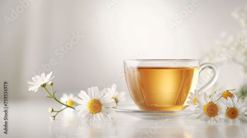 Chamomile tea in clear glass with white flowers around, a soothing drink concept.