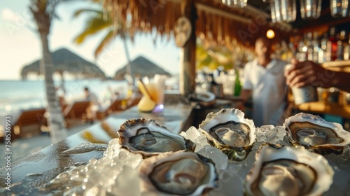 A cozy beachside restaurant with a tiki bar and palm trees swaying in the breeze. Freshly shucked oysters are being served on a bed of ice with a variety of flavorful sauces photo