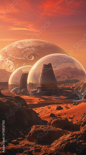 Transparent domes in a desert landscape evoke a Martian colony.
