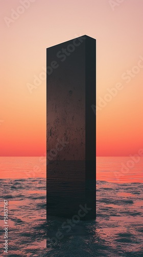 A lone monolith stands in sea waters at sunset, a picture of stillness.
