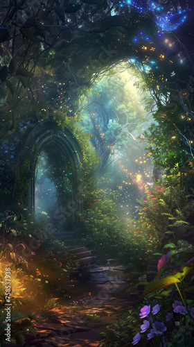 A painting depicting a path winding through a lush forest with vibrant green foliage  ark