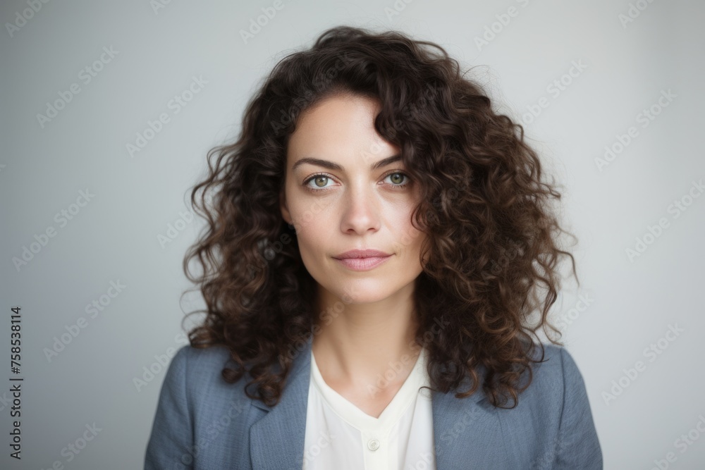 Portrait of a young business woman with curly hair on gray background Portrait of a young business woman with curly hair on gray background