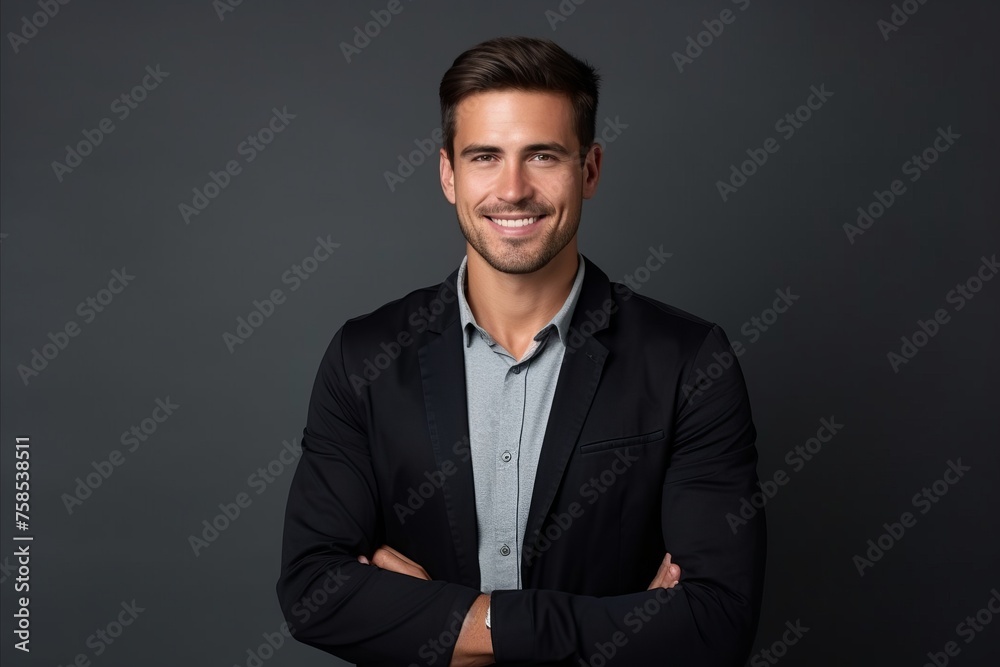 Portrait of a handsome young man smiling, isolated on grey background Portrait of a handsome young man smiling, isolated on grey background