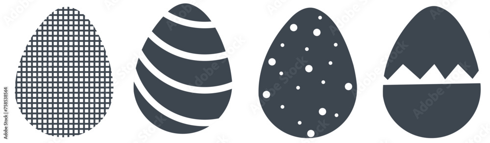 Simple vector illustration of four black flat design easter eggs with geometric pattern designs isolated on white background Simple vector illustration of four black flat design easter eggs with geometric pattern designs isolated on white background