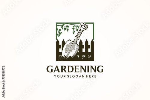 Gardening logo vector illustration with shovel symbol and yard fence