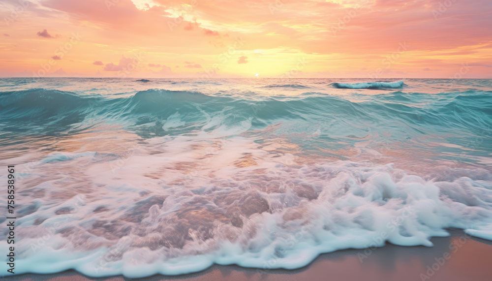 Calm and paradisiacal Caribbean beach during sunset. Sunny sea shore with foamy water and waves. Beautiful and serene beach in soft pastel pink and turquoise tones. Summertime and vacation concept. - obrazy, fototapety, plakaty 