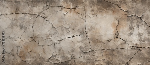 A close up of a cracked stone wall with a grey and brown pattern, surrounded by grass and a wooden trunk outcrop creating a unique art piece