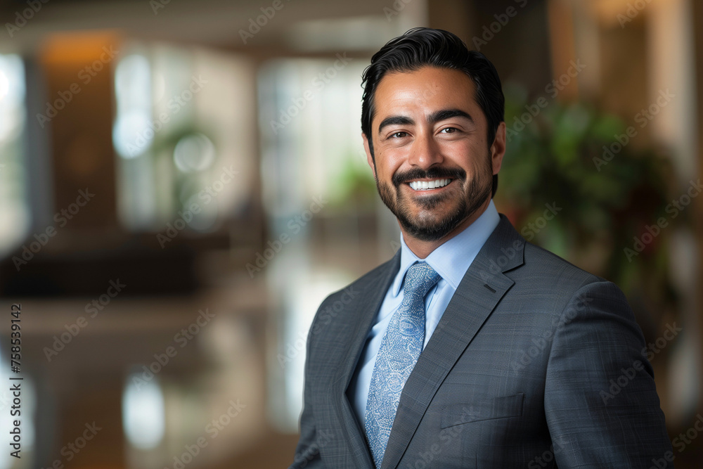 A financial advisor headshot of a trustworthy and experienced man in a suit and tie posing for a picture. Copy space.