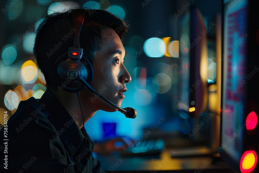 Call center agent providing customer support services to clients around the world during the night shift, resolving inquiries and issues efficiently, Generative AI - obrazy, fototapety, plakaty 