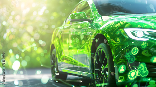 An eco - friendly sports car with a glossy finish, overlaid with a semi - transparent digital speedometer, against a bright green background. © Nim